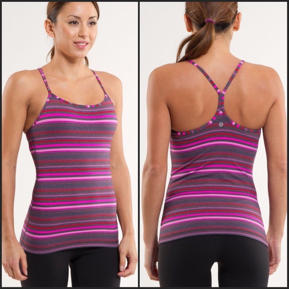 Lululemon Power Y Tank Top Size 6 Pink Grey Striped Built-in Bra Yoga Camisole